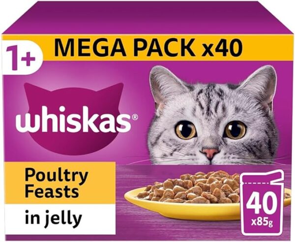 Whiskas 1+ Adult Poultry Selection in Jelly 40 Pouches, Adult Wet Cat Food, Megapack (40 x 85 g)
