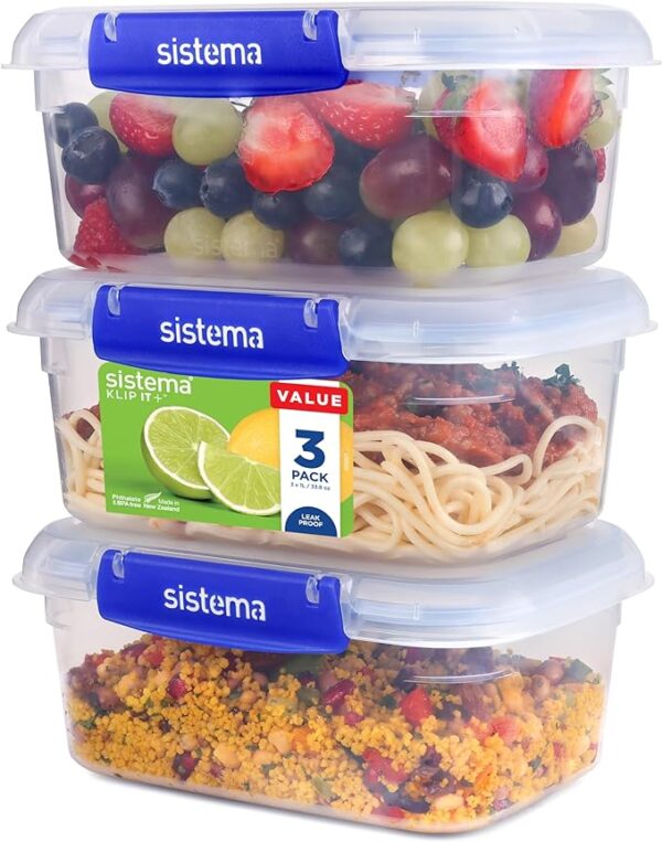 Sistema KLIP IT PLUS Food Storage Containers | 1 L | Leak-Proof, Stackable & Airtight Fridge/Freezer Containers with Lids | BPA-Free Plastic | Recyclable with TerraCycle® | 3 Count, Transparent
